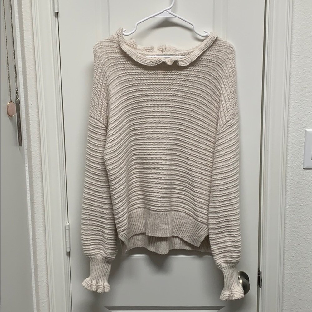 Ruffle-Neck Pullover Sweater in Cotton-Merino Yarn